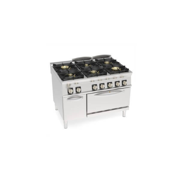 CUCINA GAS ERMETICA 6 FUOCHI CON GRIGLIE IN GHISA SU FORNO ELETTRICO VENTILATO GN1/1 CON 1 GRIGLIA