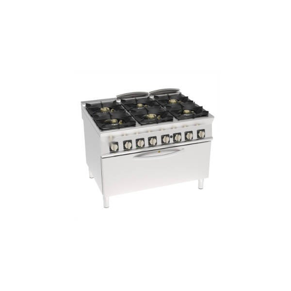 CUCINA GAS ERMETICA 6 FUOCHI CON GRIGLIE IN GHISA SU FORNO GAS STATICO FULL-SIZE E GRILL ELETTRICO CON 1 GRIGLIA