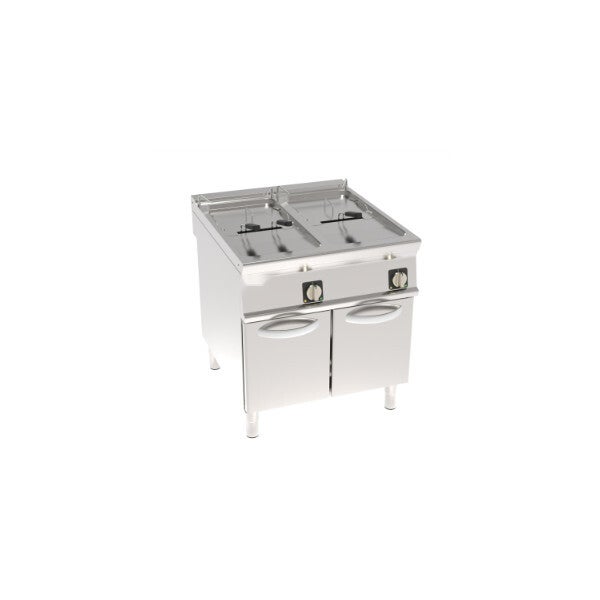 FRIGGITRICE ELETTRICA VASCA DOPPIA 21+21LT CON RESISTENZE ROTANTI IN VASCA FREESTANDING SU VANO CHIUSO - CESTELLI, COPERCHI E VASCA RECUPERO OLIO INCLUSI