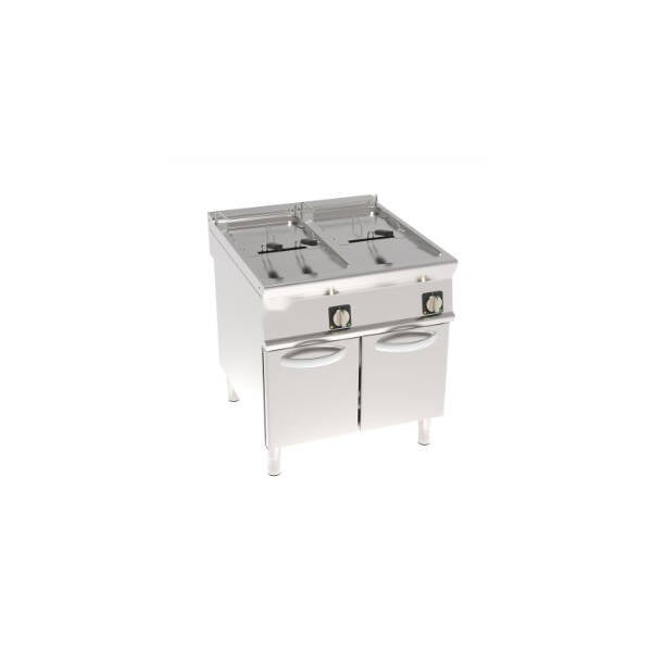 FRIGGITRICE ELETTRICA VASCA DOPPIA 21+21LT CON RESISTENZE ROTANTI IN VASCA FREESTANDING SU VANO CHIUSO - CESTELLI, COPERCHI E VASCA RECUPERO OLIO INCLUSI