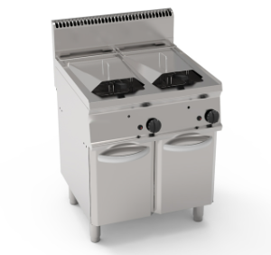 FRIGGITRICE GAS VASCA DOPPIA 14+14LT CON SCAMBIATORI IN VASCA FREESTANDING SU VANO CHIUSO - COPERCHI, CESTELLI E VASCA