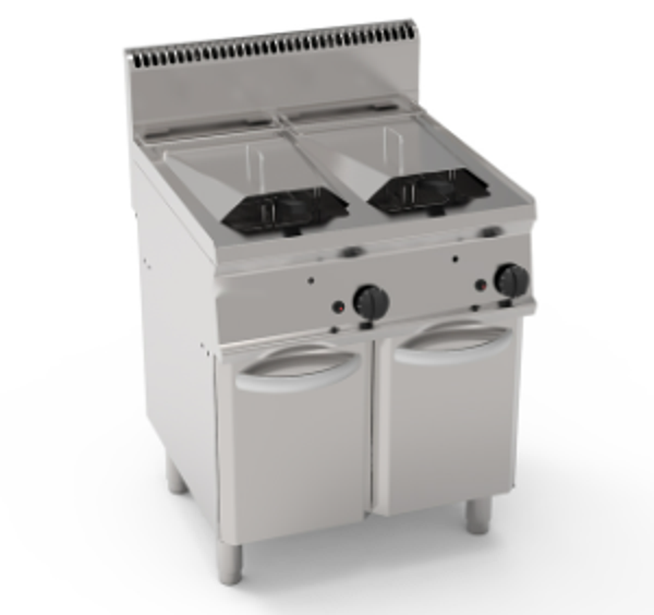FRIGGITRICE GAS VASCA DOPPIA 14+14LT CON SCAMBIATORI IN VASCA FREESTANDING SU VANO CHIUSO - COPERCHI, CESTELLI E VASCA