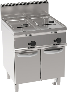 FRIGGITRICE GAS VASCA DOPPIA 13+13LT CON FONDO A V FREESTANDING SU VANO CHIUSO - CESTELLI, COPERCHI E UNA VASCA RECUPERO