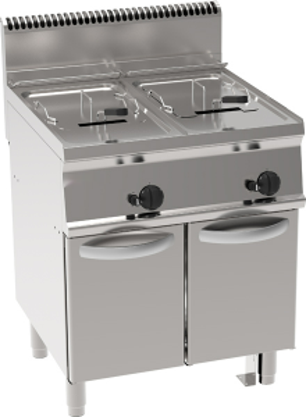 FRIGGITRICE GAS VASCA DOPPIA 13+13LT CON FONDO A V FREESTANDING SU VANO CHIUSO - CESTELLI, COPERCHI E UNA VASCA RECUPERO