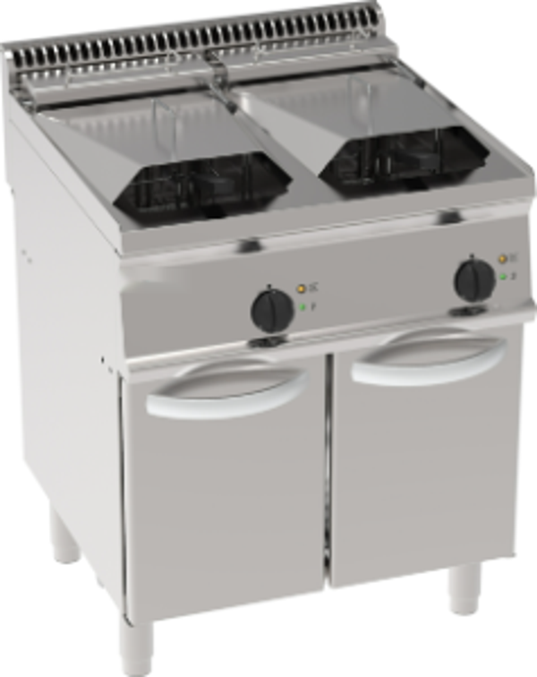 FRIGGITRICE ELETTRICA VASCA DOPPIA 14+14 LT CON ELEMENTI RISCALDANTI IN VASCA BASCULANTI FREESTANDING SU VANO CHIUSO