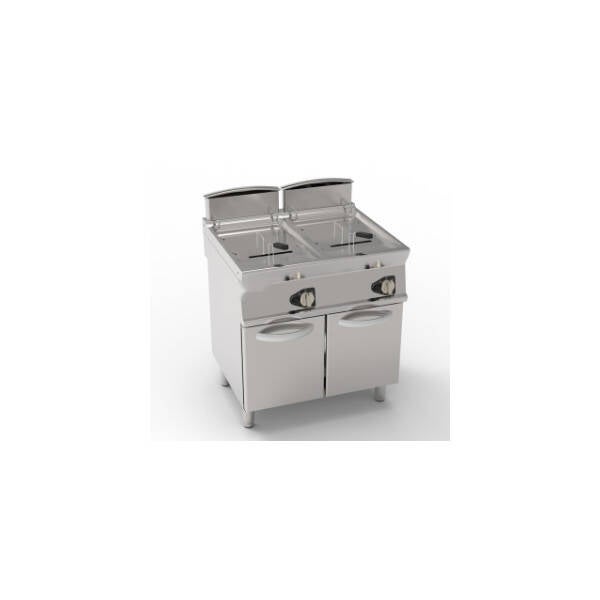 FRIGGITRICE GAS VASCA DOPPIA 17+17LT CON SCAMBIATORI IN VASCA FREESTANDING SU VANO CHIUSO - CESTELLI, COPERCHI E VASCA RECUPERO OLIO INCLUSI