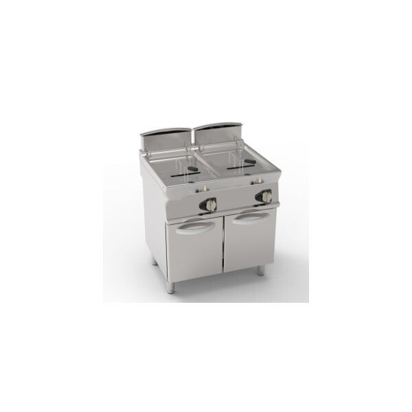 FRIGGITRICE GAS VASCA DOPPIA 13+13LT CON SCAMBIATORI IN VASCA FREESTANDING SU VANO CHIUSO - CESTELLI, COPERCHI E VASCA RECUPERO OLIO INCLUSI
