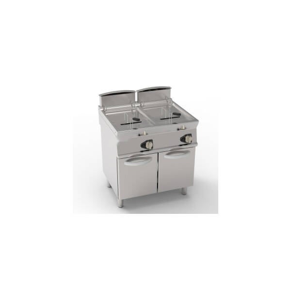 FRIGGITRICE GAS VASCA DOPPIA 13+13LT CON SCAMBIATORI IN VASCA FREESTANDING SU VANO CHIUSO - CESTELLI, COPERCHI E VASCA RECUPERO OLIO INCLUSI