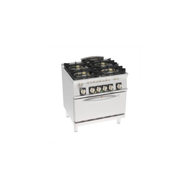 CUCINA GAS ERMETICA 4 FUOCHI CON GRIGLIE IN GHISA SU FORNO ELETTRICO STATICO GN2/1 CON 1 GRIGLIA