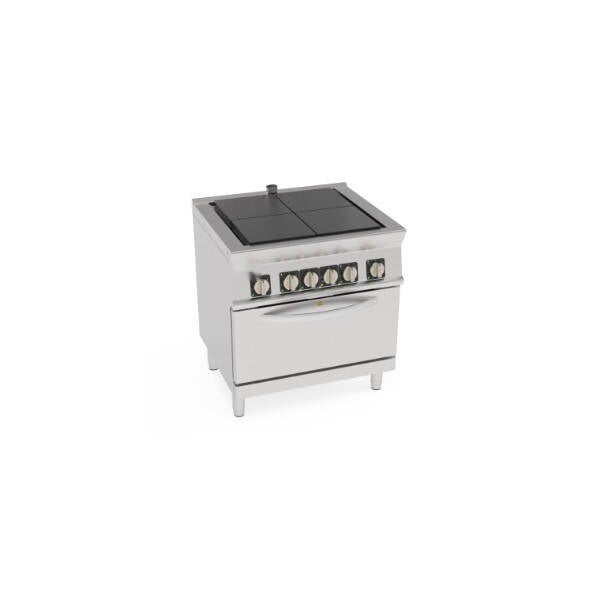 CUCINA ELETTRICA 4 PIASTRE QUADRE (30X30CM - 11.8X11.8IN) COMPLANARI BASCULANTI SU FORNO ELETTRICO CONVEZIONE GN1/1 CON 1 GRIGLIA