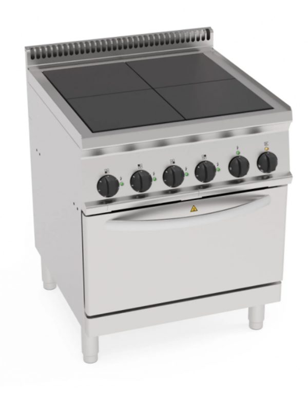 Cucina elettrica 4 piastre quadre complanari fisse, su forno elettrico statico GN2/1 - potenza tot 15,3Kw trifase - cm 70x70x85h