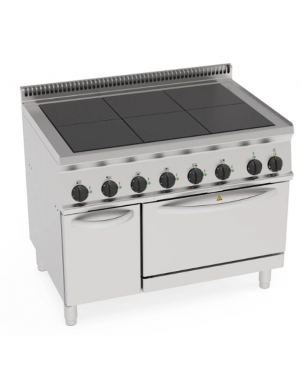 Cucina elettrica 6 piastre quadre complanari fisse - forno elettrico statico GN2/1 - potenza tot 20,3Kw trifase - cm 105x70x85h