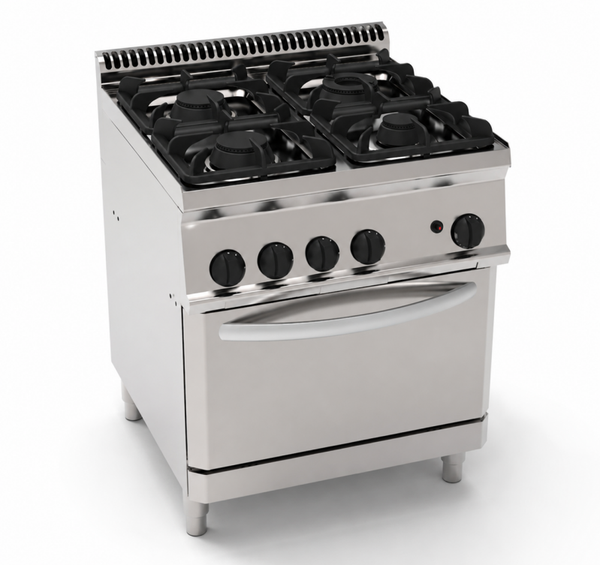 Cucina gas 4 fuochi con griglie in ghisa su forno statico gas GN2/1 e 1 griglia