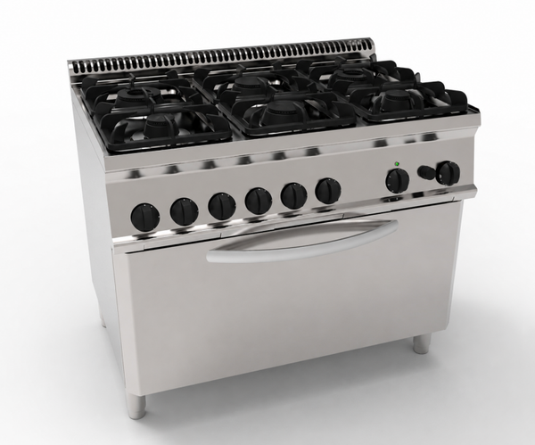 Cucina a gas su forno a gas statico GN 2/1 e vano chiuso, 6 fuochi