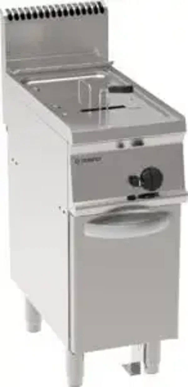 FRIGGITRICE GAS VASCA SINGOLA 13LT CON FONDO V FREESTANDING SU VANO CHIUSO - CESTELLI, COPERCHI E VASCA RECUPERO OLIO