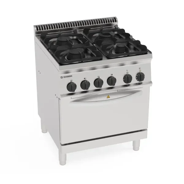 Cucina gas 4 fuochi con griglie in ghisa su forno elettrico statico GN2/1 con 1griglia