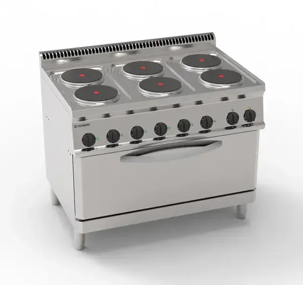 Cucina elettrica 6 piastre ermetiche tonde (diam 22cm -8.7in) su forno elettrico statico full-size (cm92,5x63x30) e 1 griglia