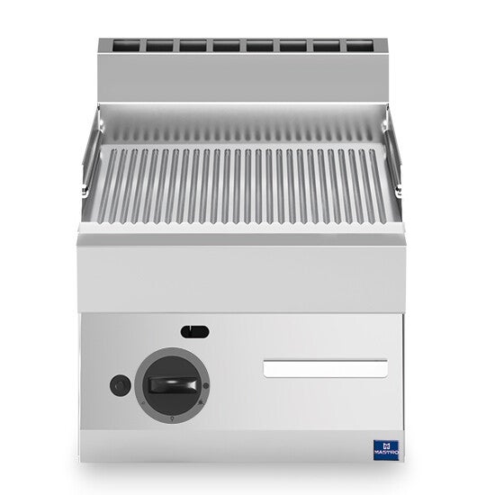 Fry top a gas da banco, piastra cromata rigata