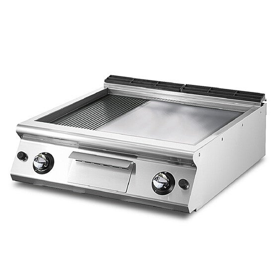 Fry-top gas versione top, 1/3 rigata e 2/3 piastra liscia cromata