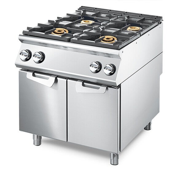 Piano di cottura a gas con 4 bruciatori su armadio chiuso, piano stampato