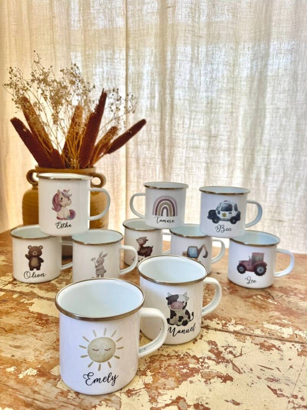 Emaille Tasse personalisiert für Kinder mit verschiedenen Motiven