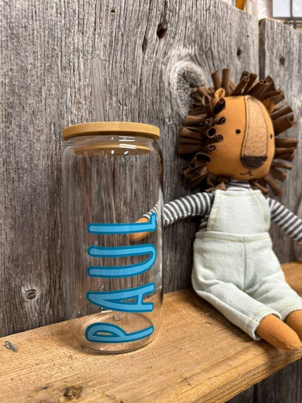 Trinkglas mit Holzdeckel mit verschiedenen Sprüchen