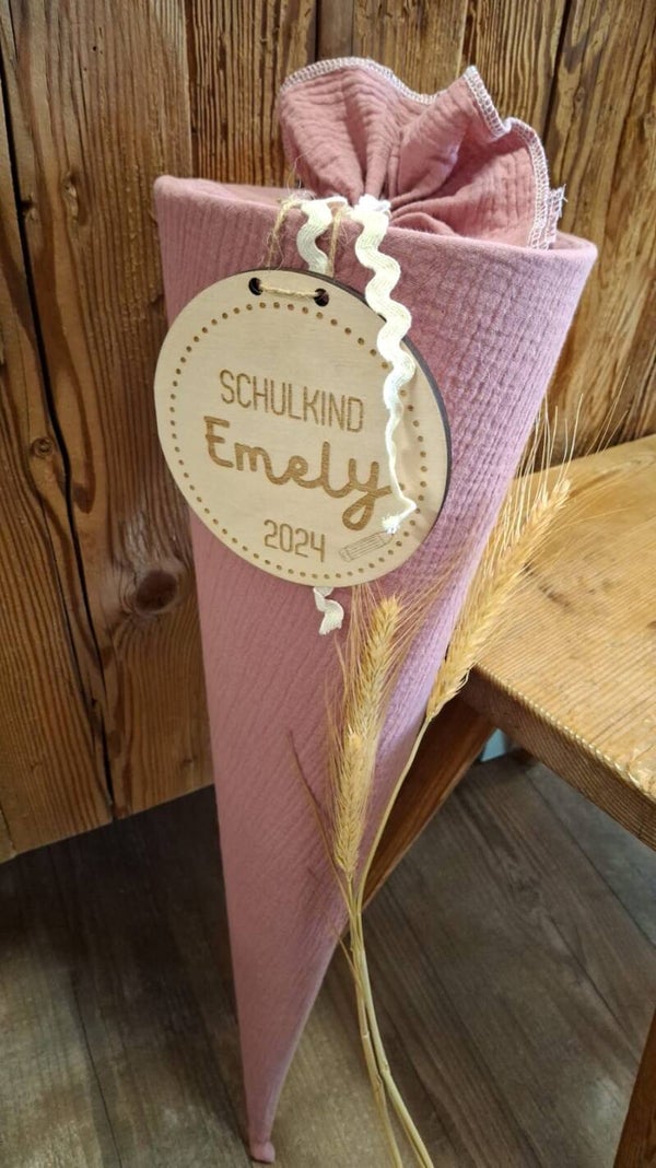 Schultüte rosa aus Stoff inkl. personalisiertem Holzschild 70 cm