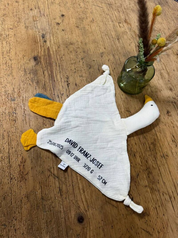 Schnuffeltuch Gans personalisiert mit den Geburtsdaten