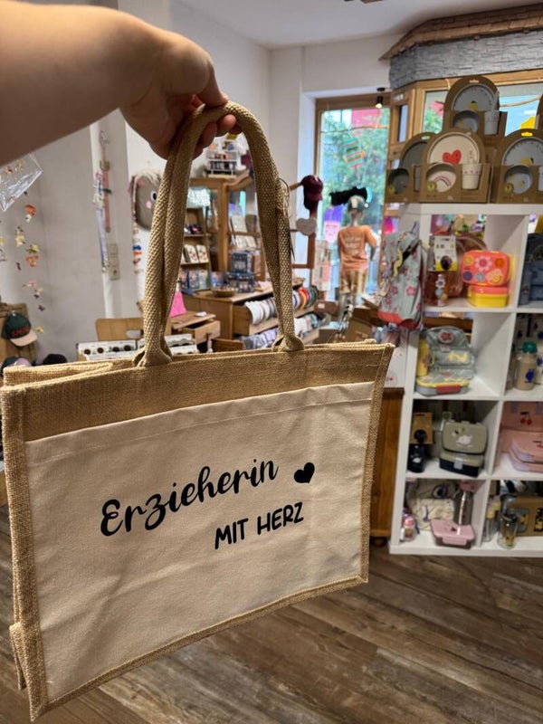 Jute Tasche "Erzieherin mit Herz" Abschiedsgeschenk Kindergarten / Krippe / Schule