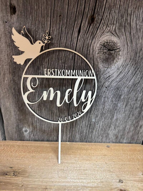 Personalisierter Caketopper aus Holz zur Erstkommunion mit Namen und Datum Kuchenstecker Cake Topper