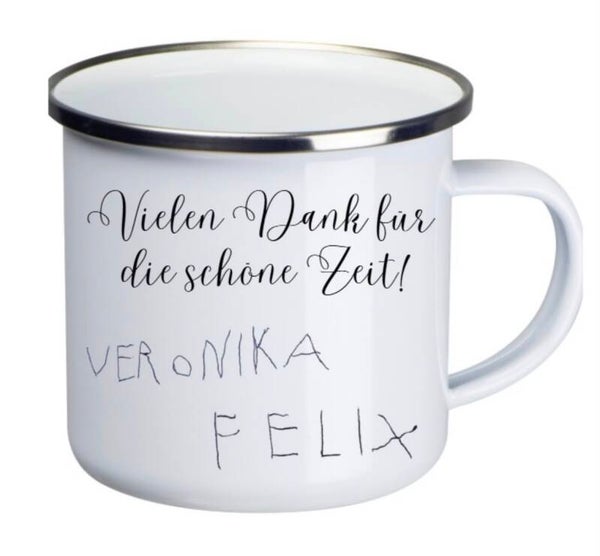 Emaille Tasse mit personalisierter Handschrift - Abschiedsgeschenk Kindergarten / Krippe / Schule