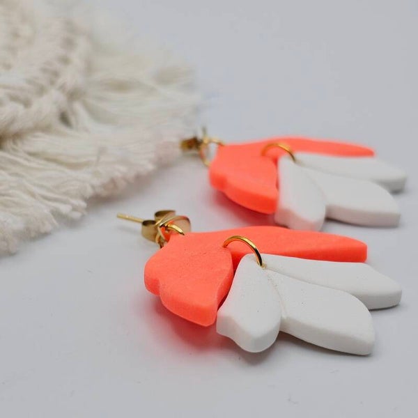 Boho-Blattohrring Weiß/NEON-Orange & Gold