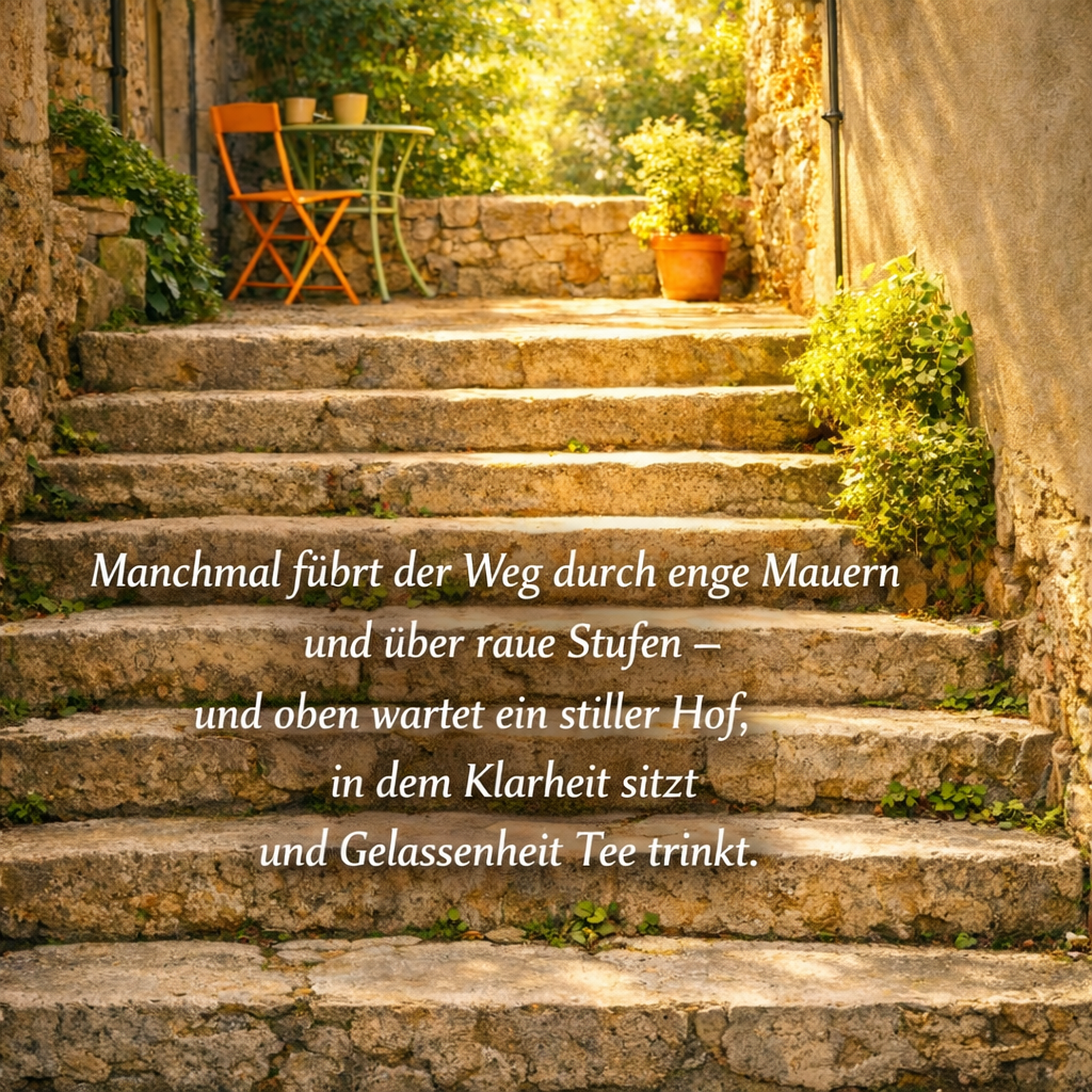 Der Weg durch enge Mauern und über raue Stufen