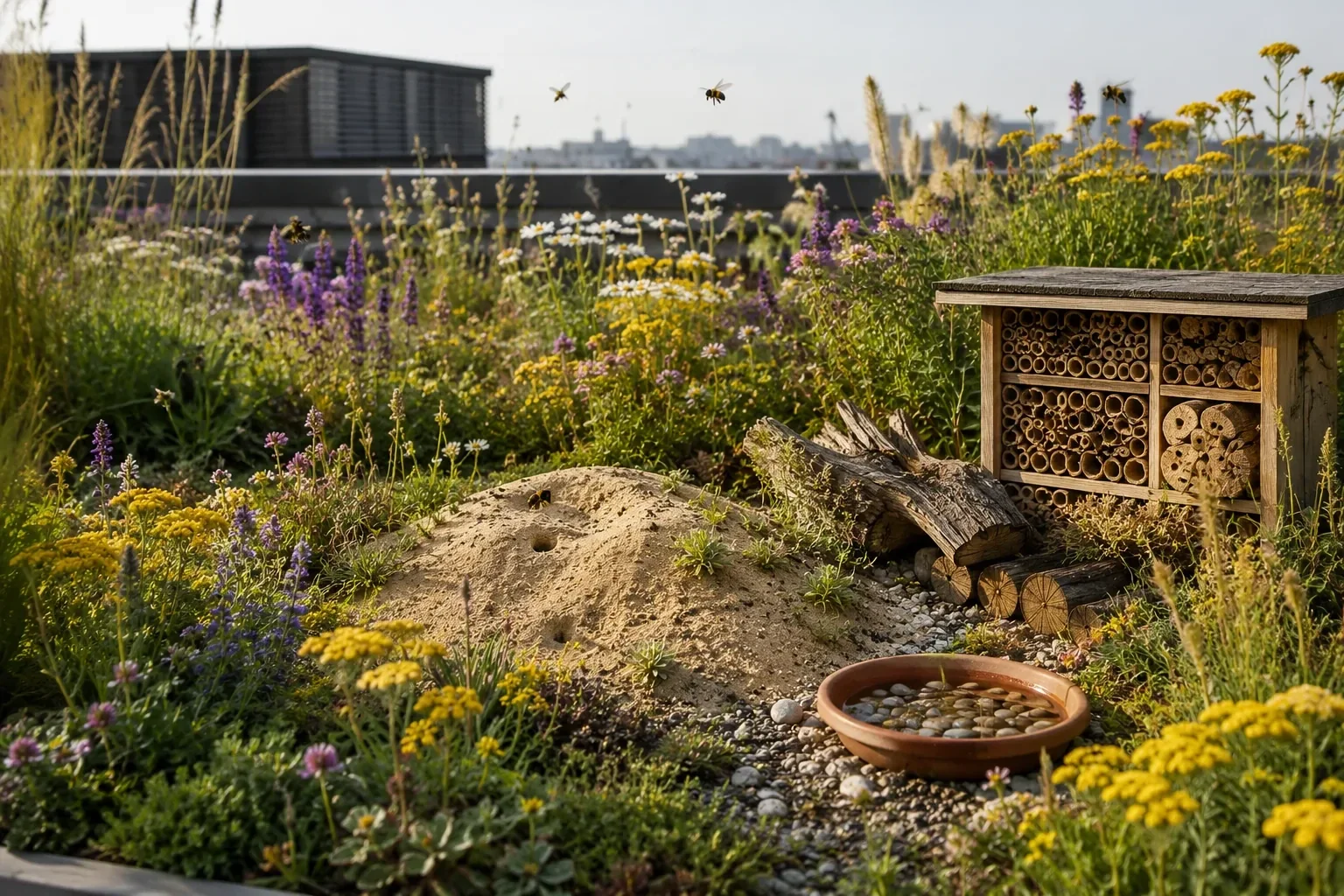 BeeRoof biodiversiteitsdak met beplanting en voorzieningen voor wilde bijen