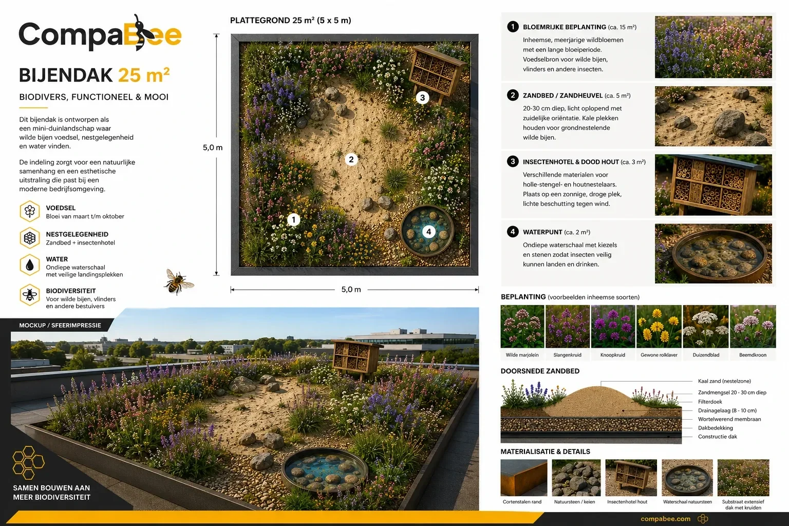 BeeRoof ontwerpblad met biodiversiteitszones en inrichting voor wilde bijen