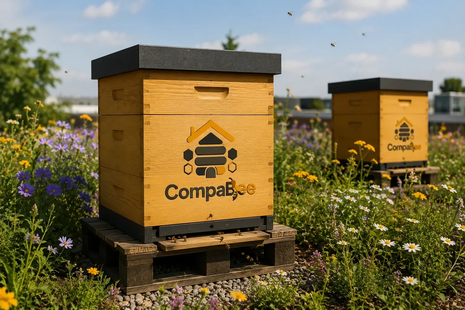 CompaBee honingbijenkasten op een groen bedrijfsdak