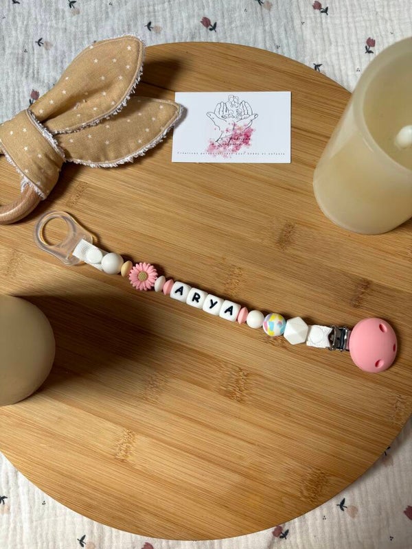 attache tétine fleur rose silicone