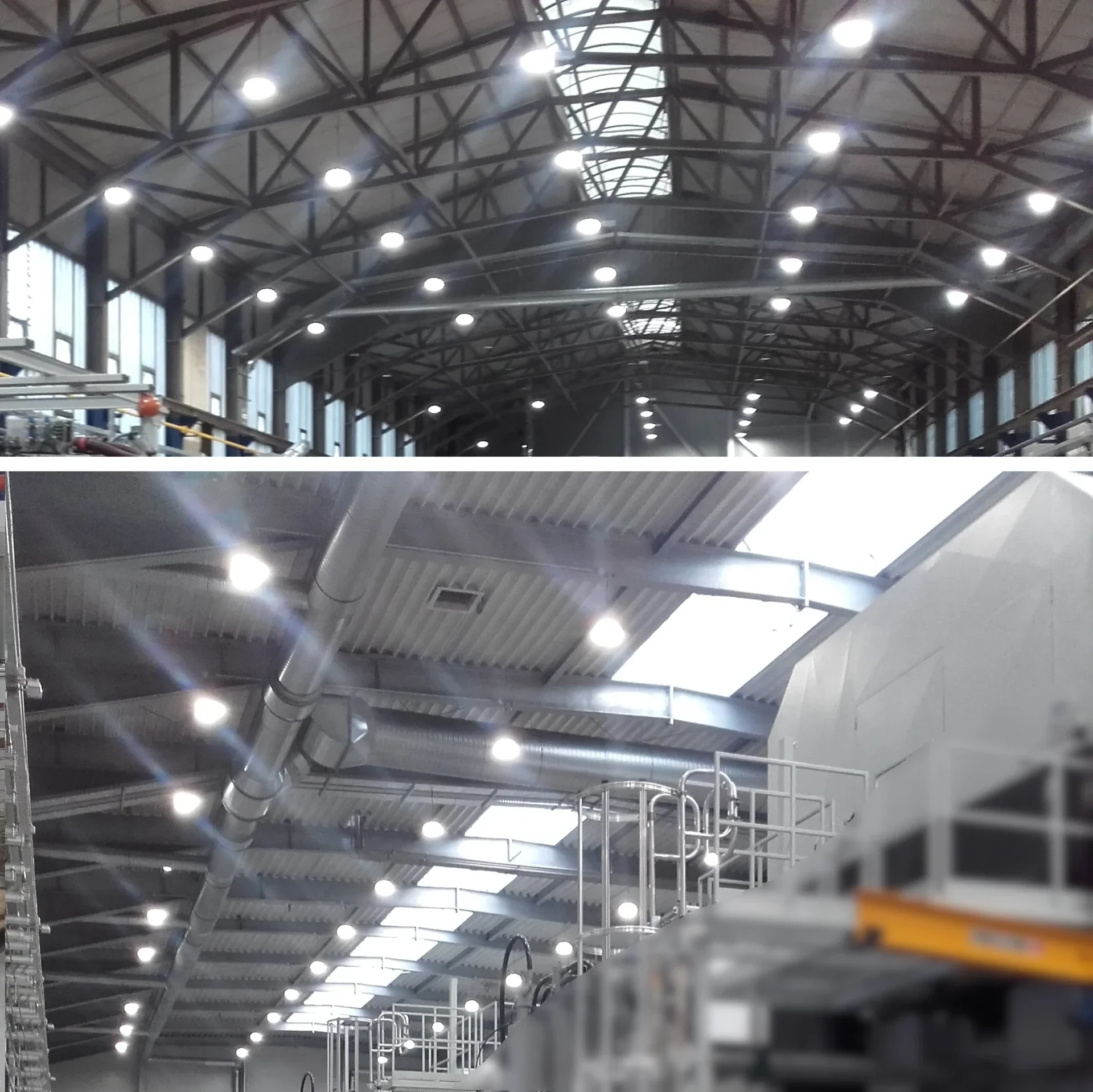 Professionelle Hallenbeleuchtung in einer Industrieumgebung, realisiert durch PLC-basierte Systemintegration und WAGO-Steuerungstechnik.