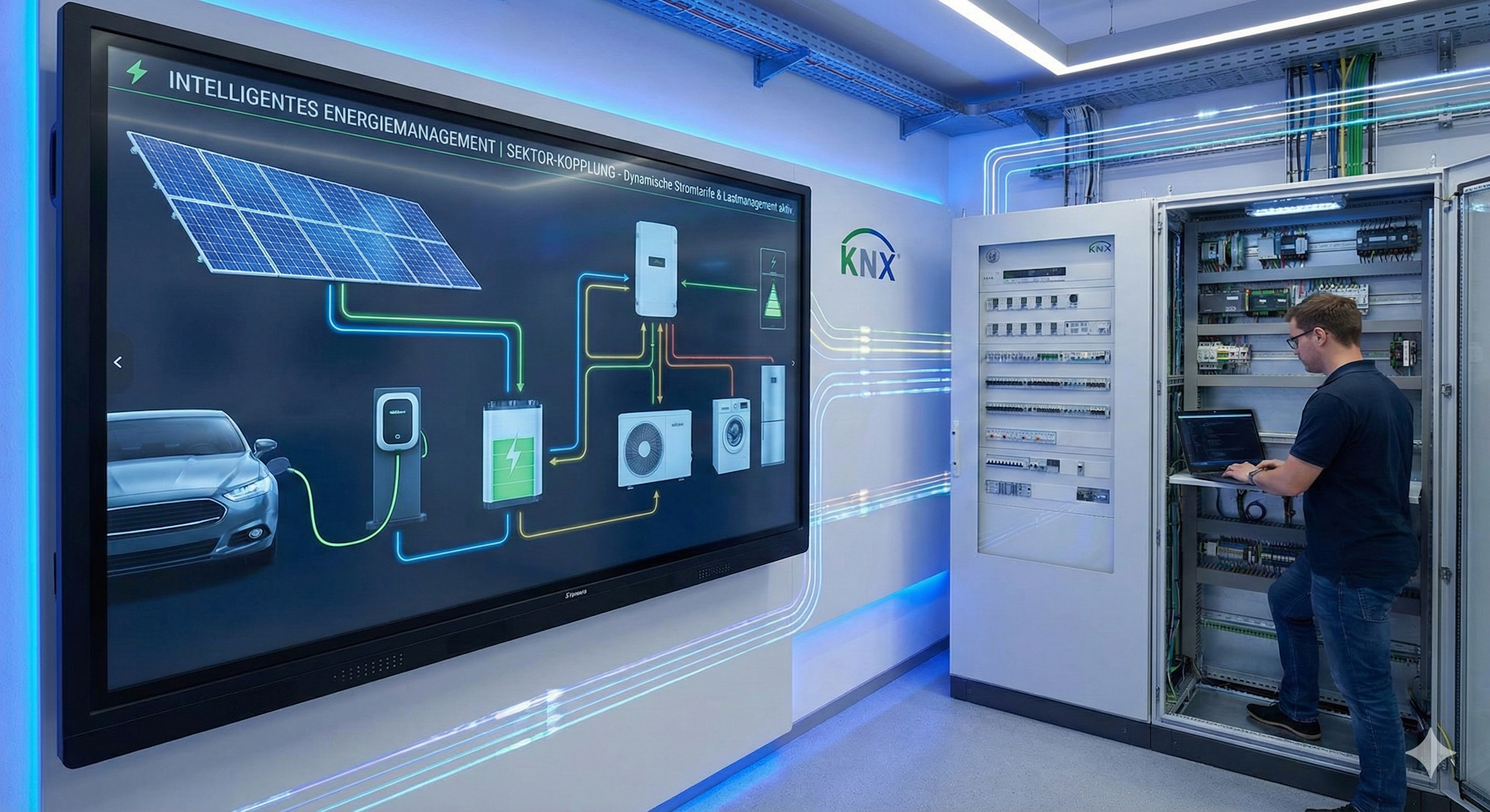 Infografik zur KNX Sektorkopplung: Integration von PV-Anlage, Wärmepumpe und E-Auto-Ladestation via Python.