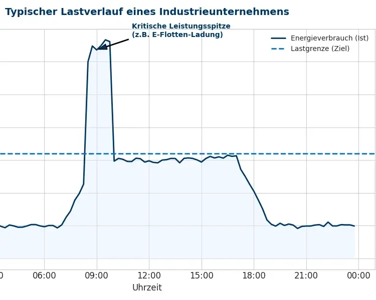 Industrielles Lastmanagement von ETM: Vermeidung von Lastspitzen durch intelligente E-Flotten-Steuerung.