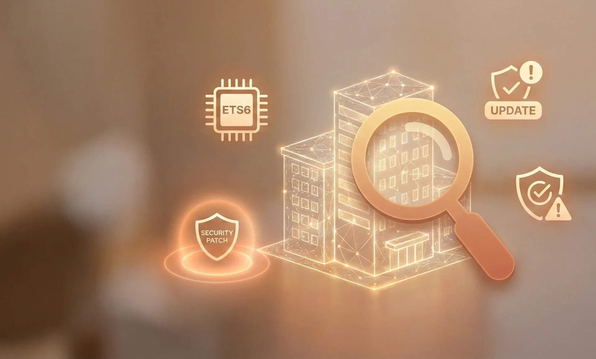 Symbolische Darstellung der aktiven Versions-Überwachung für Gebäudeautomation mit Fokus auf ETS6-Kompatibilität und KNX Security-Patches.