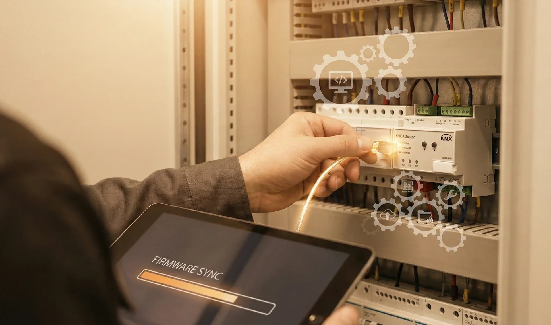 Techniker führt vor Ort eine Integritätsprüfung und einen Firmware-Sync an KNX-Komponenten im Schaltschrank eines Smart Buildings durch.