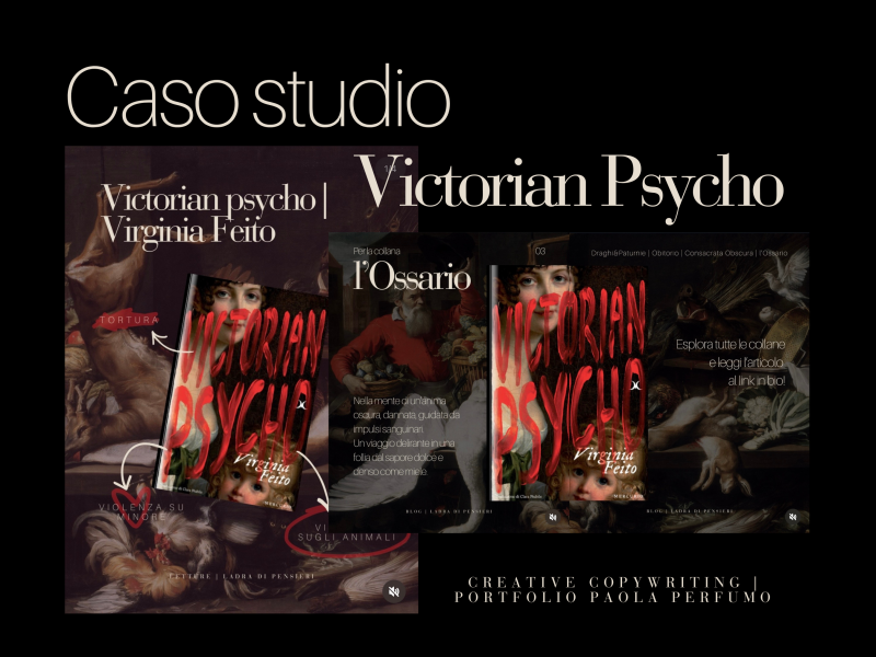 Grafica in cui riporto le copertine dei miei post instagram che ho creato per parlare del libro Victorian Psycho, in questo caso li ho impaginati per presentare il caso studio che ho scelto per l'articolo sul creatve copywriting e per illustrare il lavoro