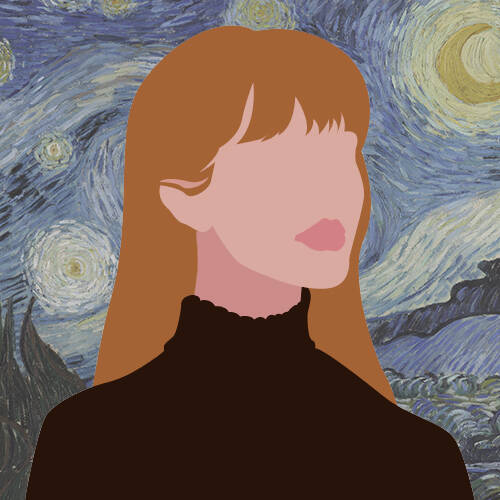 Vecchio logo della pagina Ladra di Pnesieri, ragazza stilizzata con sfondo la notte stellata di Van Gogh