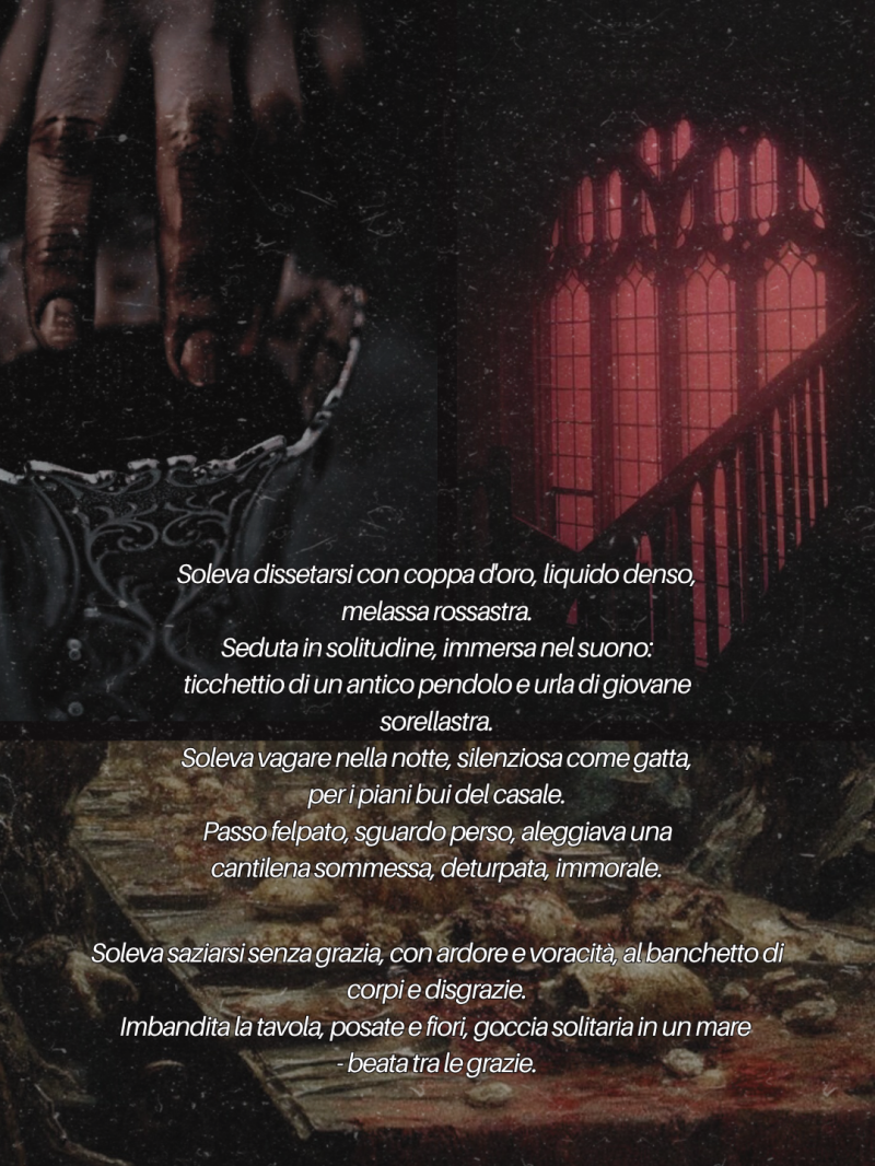 Grafica gotica con sovraimpressione il componimento di prosa poetica "La Contessa" della poetessa Ladra di Pensieri Aka Paola Perfumo