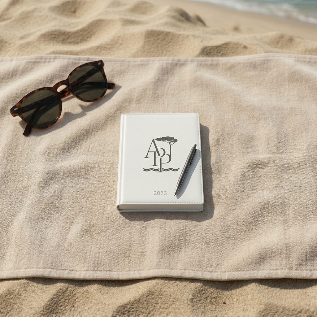Agenda 2026 Appartement Pyla Plage posé sur une serviette de bain à la plage, invitant à la planification et à la réservation de vacances au Pyla-sur-Mer.