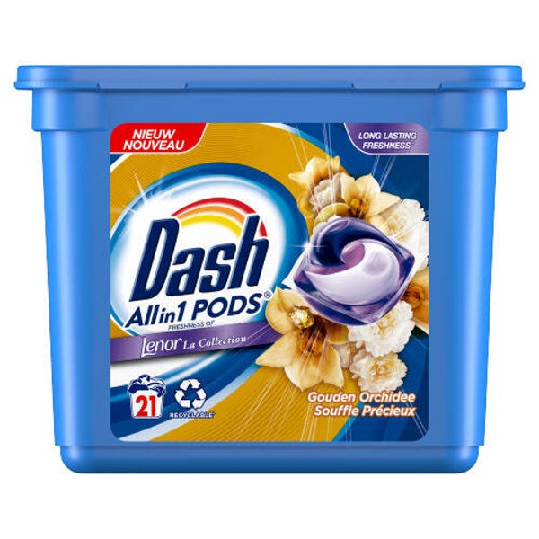 Dash All in 1 Wasmiddel Pods Gouden Orchidee 21 Wasbeurten. Doos van 3 stuks  Doos van 3 stuks  Stuksprijs: € 6,30