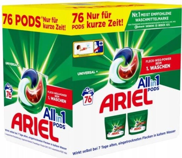 Ariel All-in-1 Pods Universal – 76 wascapsules-2x38 pods. Doos van 3 stuks Stuksprijs: € 22,80