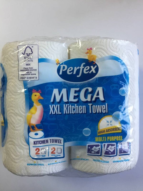 Perfex Mega Perfex Keukenrol 2 rollen 2 laags. Doos van 10 stuks. Stuksprijs: € 1,75