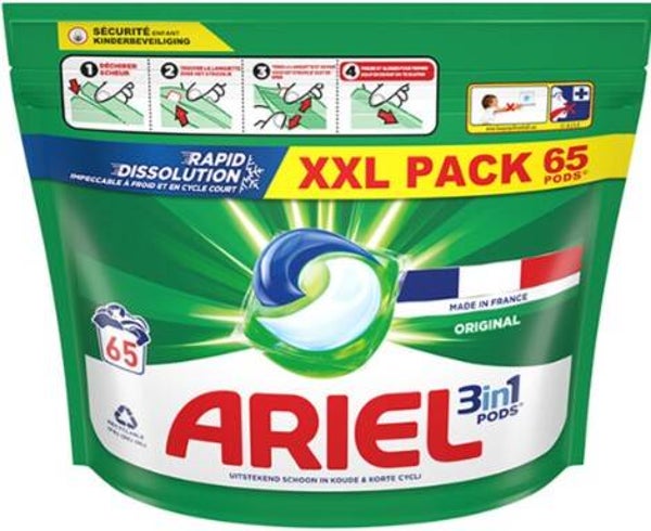 Ariel 3 in 1 pods original 60 wasbeurten. Doos van 2 stuks. Stuksprijs: €14,40